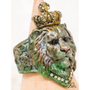 Crown Lion Ring Patina Finish Adjustable King Royal Statement Gift Men Women